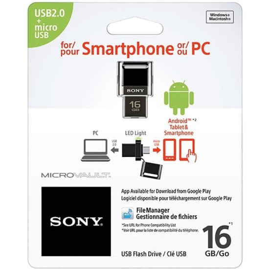 Unidad Flash Pendrive Sony 16GB Microvault USB 2.0 Flash Drive compatible con Smartphone, Nuevo