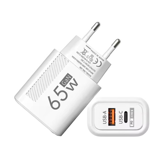 Cargador USB-C GaN 65W | Carga rápida PD + QC3.0 Dual Puerto Negro