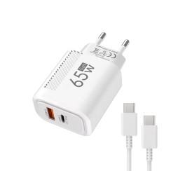 Cargador USB-C GaN 65W + Cable 1m Blanco | Carga rápida PD + QC3.0
