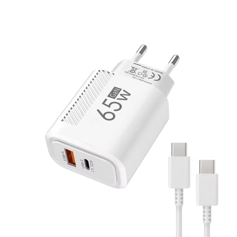 Cargador USB-C GaN 65W + Cable 1m Blanco | Carga rápida PD + QC3.0