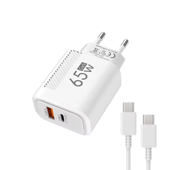 Cargador USB-C GaN 65W + Cable 1m Blanco | Carga rápida PD + QC3.0