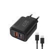 Cargador GaN 65W USB-C USB-A con carga rápida PD y QC3.0 + cable USB-C 1m Negro