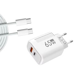 Cargador USB-C GaN 65W + Cable 1m Blanco | Carga rápida PD + QC3.0