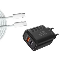 Cargador USB-C GaN 65W + Cable 1m Blanco | Carga rápida PD + QC3.0
