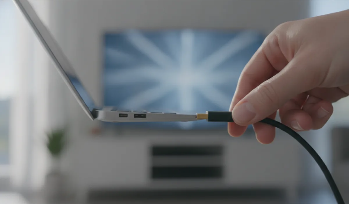 Portátil conectado a una televisión mediante un cable HDMI en el salón