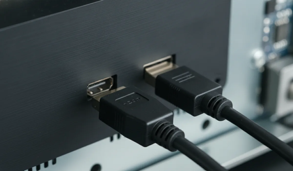 Cable HDMI y cable DisplayPort uno junto a otro mostrando la diferencia entre sus conectores