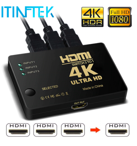 Multiplicador HDMI Splitter HD 1080P conmutador de vídeo Adaptador 3  entradas HDMI Hub con mando - ECOportatil