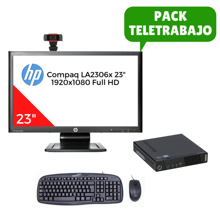 Pack Teletrabajo Lenovo M72e Tiny i5 3470T, 8GB RAM, 128GB SSD + Monitor 23" + Teclado + Ratón + Webcam